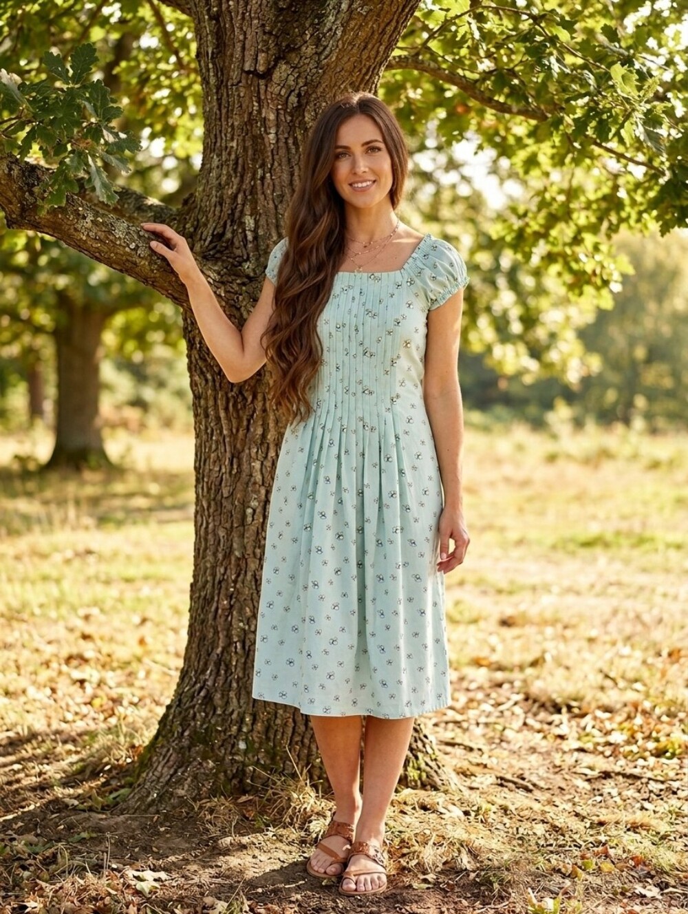April Cornell Pale Blue Floral Pintuck Cotton Dress